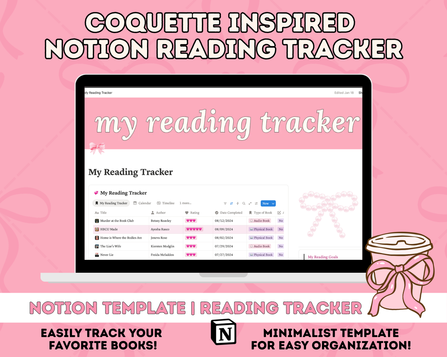 Coquette Notion Reading Tracker | Reading Log, Book Journal (Digital Download)