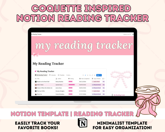 Coquette Notion Reading Tracker | Reading Log, Book Journal (Digital Download)