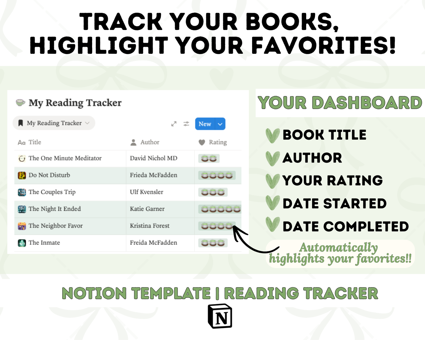 Matcha Notion Reading Tracker | Reading Log, Book Journal (Digital Download)