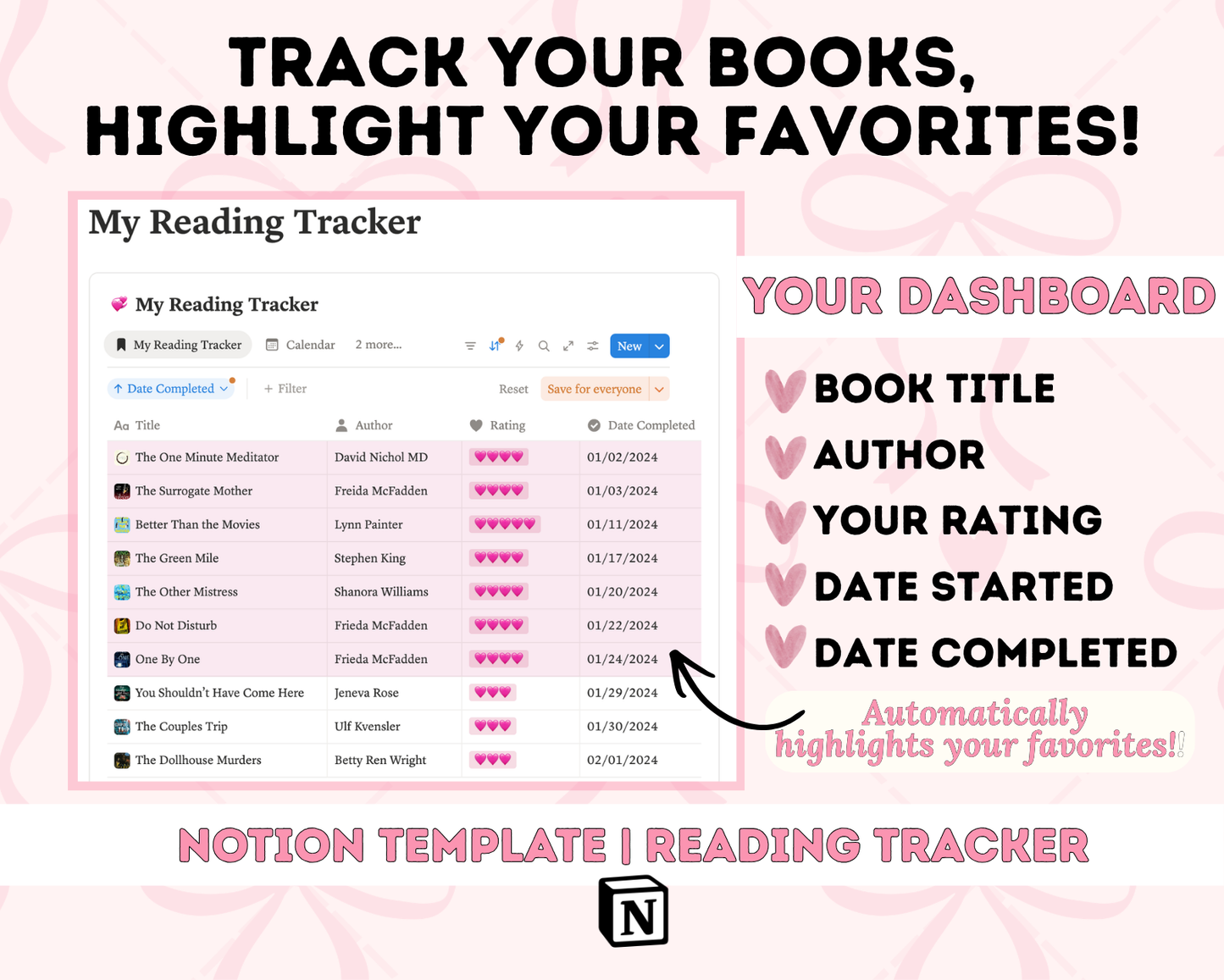Coquette Notion Reading Tracker | Reading Log, Book Journal (Digital Download)