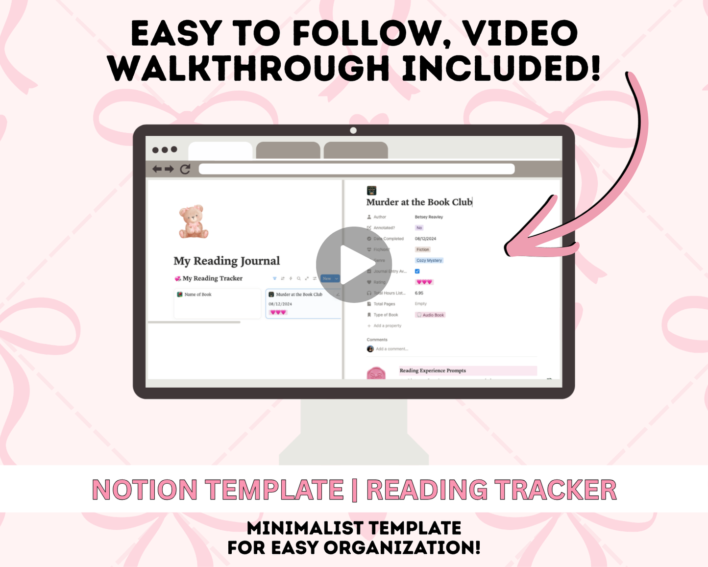 Coquette Notion Reading Tracker | Reading Log, Book Journal (Digital Download)